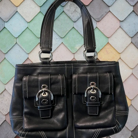 バッグ Coach satchel bag soho black leather COACH Vintage SOHO Satchel Buckle Flap Cowhide Leather Bag